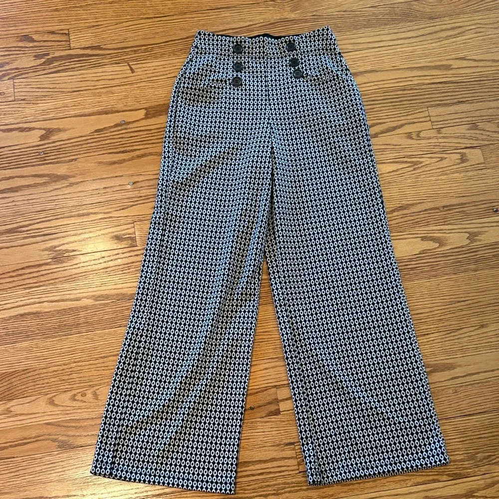 Max Studio High Waist Sailor Button Wide Leg Pants Black White Geometric Print S